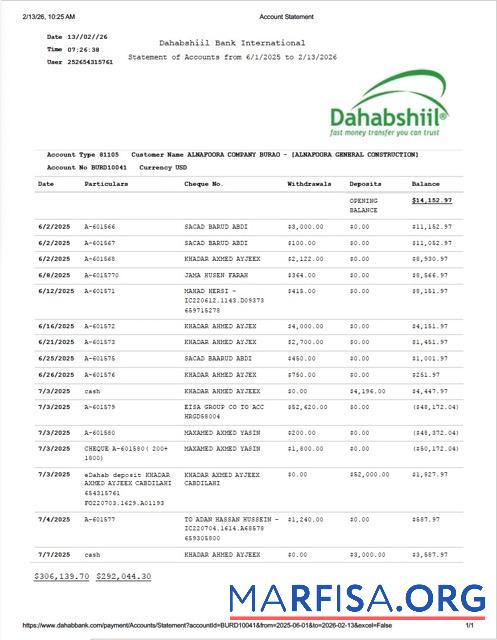 Realistic Somalia Dahabshiil bank International account statement word example